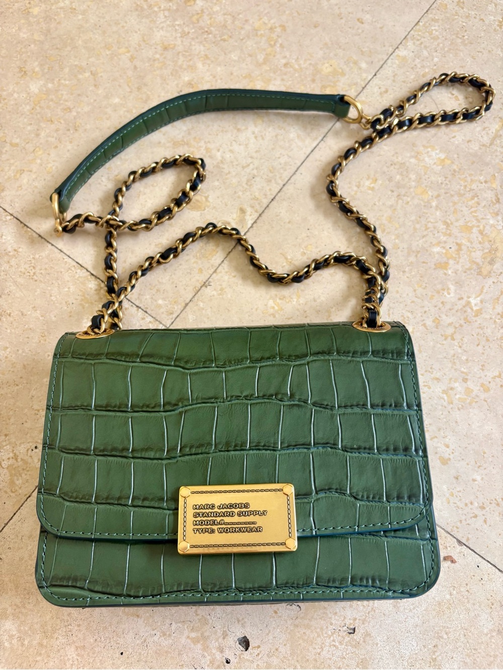 BRAND NEW / Marc Jacobs Green Quilted Croc-Embossed Crossbody with Gold Chain